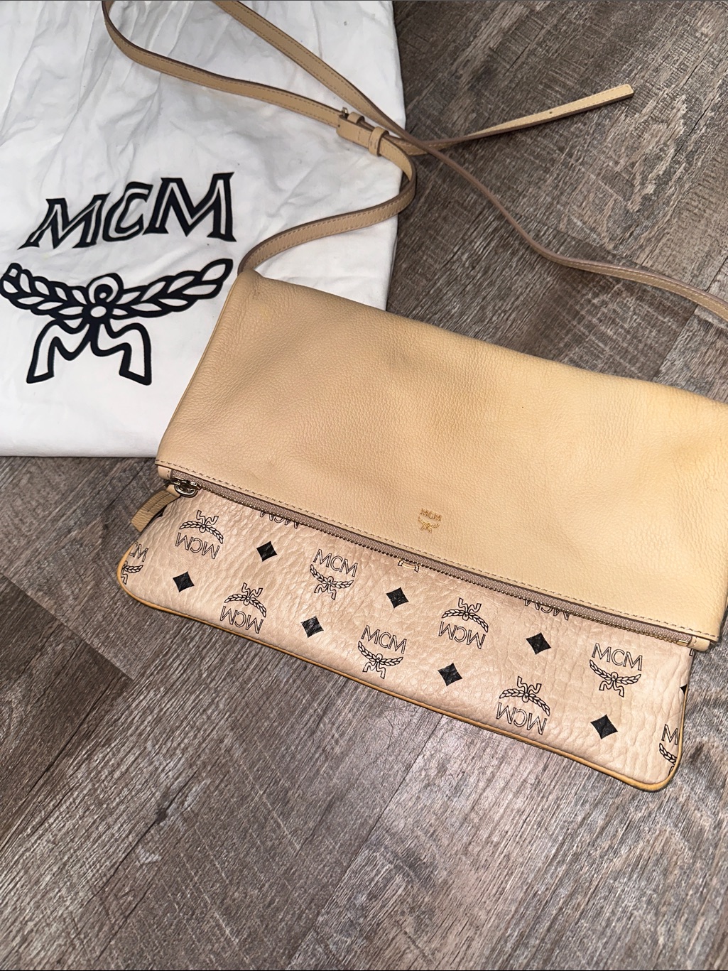 Mcm Cream Fold-Over Monogram Crossbody Bag
